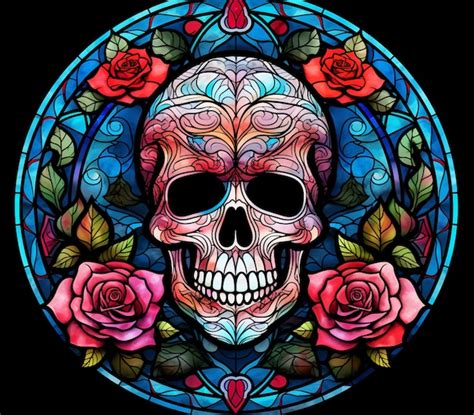 Premium Photo A Close Up Of A Skull And Roses In A Stained Glass