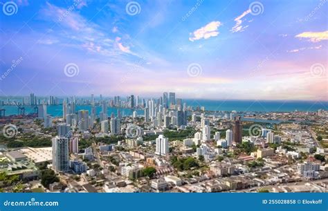 Colombia Scenic View Of Cartagena Cityscape Modern Skyline Hotels And