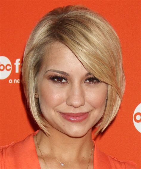 Chelsea Kane Short Straight Layered Blonde Bob Haircut With Side Swept Bangs And Light Blonde