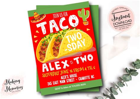 Taco Twosday Invitation Taco Tuesday Invite Second Birthday - Etsy