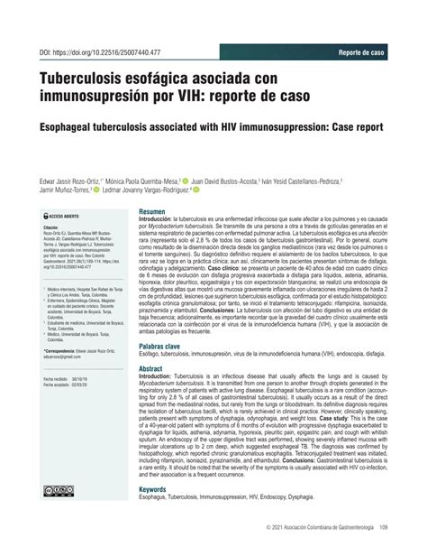 Pdf Tuberculosis Esof Gica Asociada Con Inmunosupresi N Por Vih