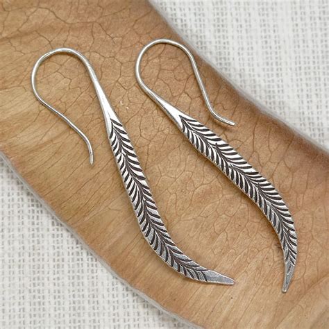 Sterling Silver Long Feather Earrings Handmade Oxidized