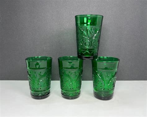 Anchor Hocking Forest Green Sandwich Glass Juice Glasses 4 Pc Set