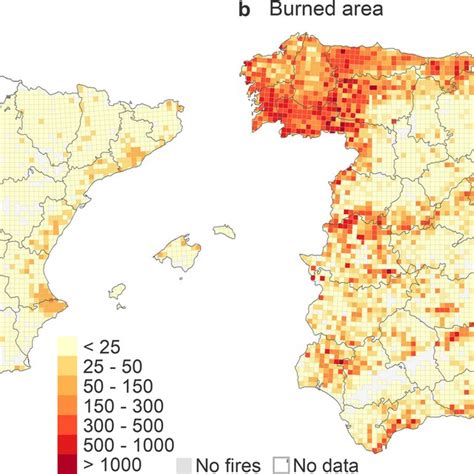 A Total Number Of Fires And B Total Burned Area Ha Per 10 × 10 Km