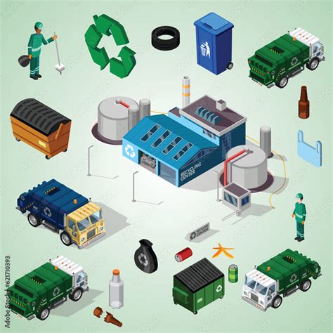 Recycling Center Isometric Illustration Isometric Recycling Set With