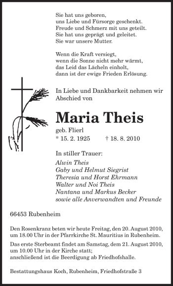 Traueranzeigen Von Maria Theis Saarbruecker Zeitung Trauer De