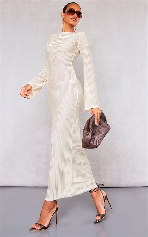 Cream Textured Long Sleeve Maxi Dress Prettylittlething Aus