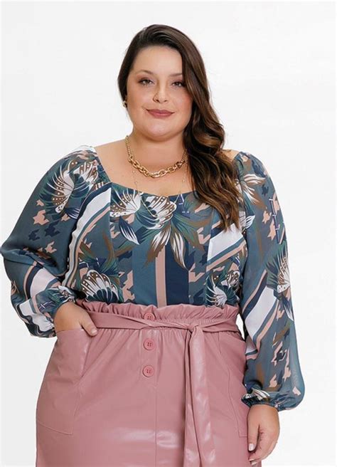 Blusa Plus Size Floral Color Mangas Bufantes Mink