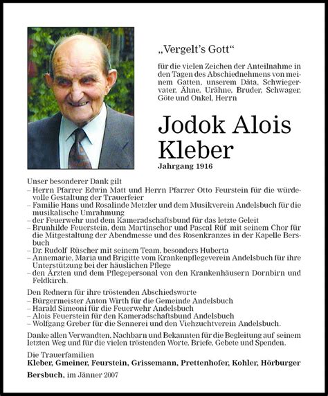 Todesanzeigen Von Jodok Alois Kleber Todesanzeigen Vorarlberger