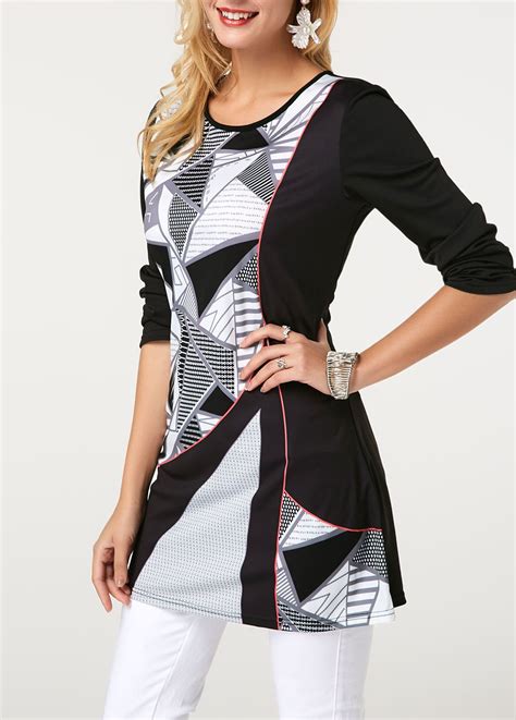 Geometric Print Long Sleeve Black Round Neck T Shirt Rosewe Usd