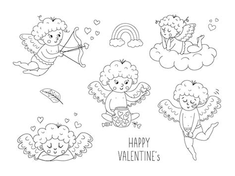 Vector Collectie Van Schattige Zwart Witte Cupido S Set Met Grappige