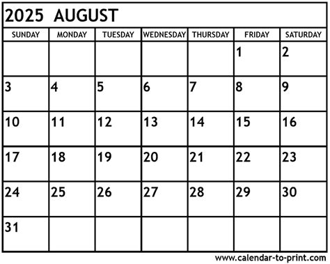 2025 August Calendar Printable Free 2025 - Chayton Flint