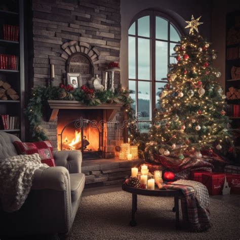 A Cozy Living Room Scene With A Warm Fire And Glowing Christmas Tree