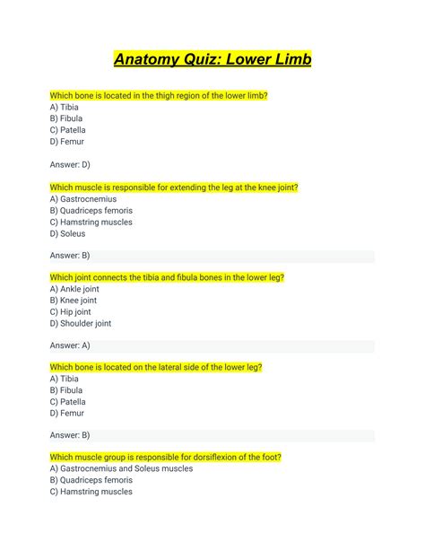 Solution Anatomy Quiz Lower Limb With Answer Key Studypool