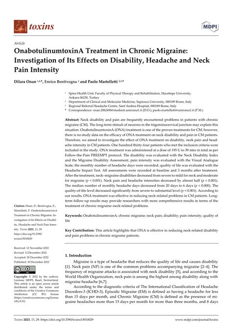 Pdf Onabotulinumtoxina Treatment In Chronic Migraine Investigation Of Its Effects On