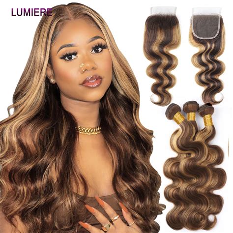 Body Wave Highlight Colored Human Hair Bundle With Closure P4 30 Ombre