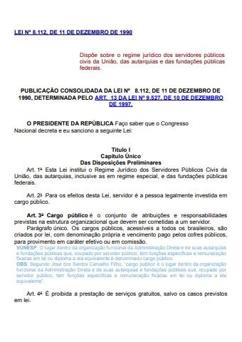 LEI Nº 8 112 DE 11 DE DEZEMBRO DE 1990 regime jurídico dos servidores