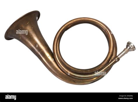 Vintage Brass Hunting Horn Isolated On A White Background Stock Photo