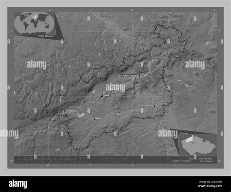 Ustecky Region Of Czech Republic Grayscale Elevation Map With Lakes And Rivers Locations And