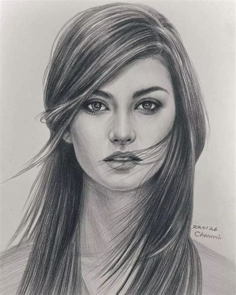 A Pencil Drawing Of A Woman With Long Hair And Mustaches On Her Face Looking Straight Ahead