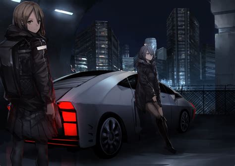 2girls Blue Eyes Boots Brown Eyes Brown Hair Building Car City Dark