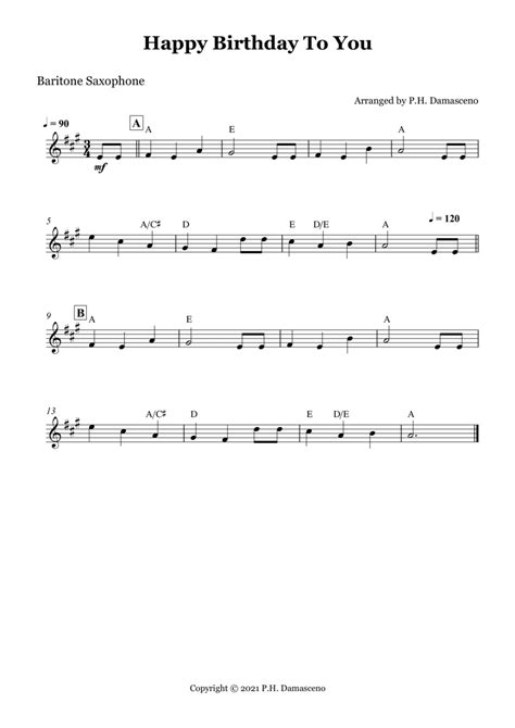 Happy Birthday To You Baritone Saxophone Solo With Chords Sheet Music