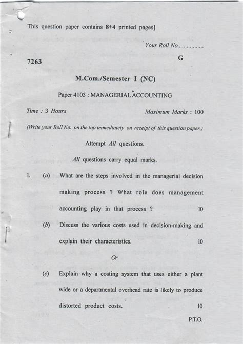 Du Sol Mcom Question Paper 1st Year 2017 Sem 1 Managerial Accounting