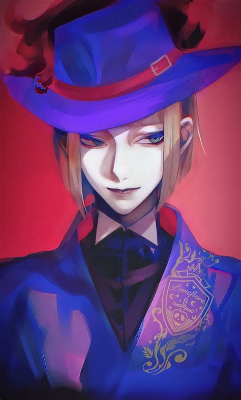 An Anime Character Wearing A Purple Hat And Blue Shirt With Red Accents