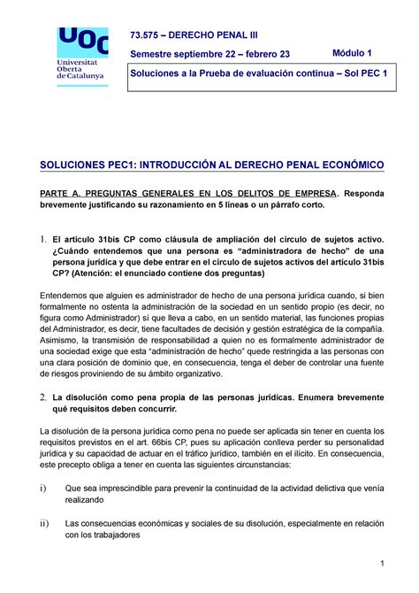 SOL PEC 1 2022 2023 73 DERECHO PENAL III Semestre Septiembre 22