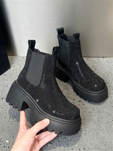 Botines De Plataforma Con Incrustaciones De Strass Negros Nuevos