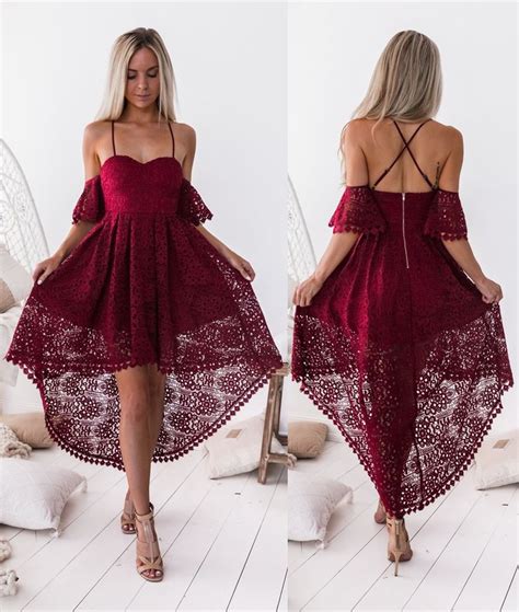 A Line Off The Shoulder Lace High Low Party Dress Burgundy Homecoming Dress High Low Party