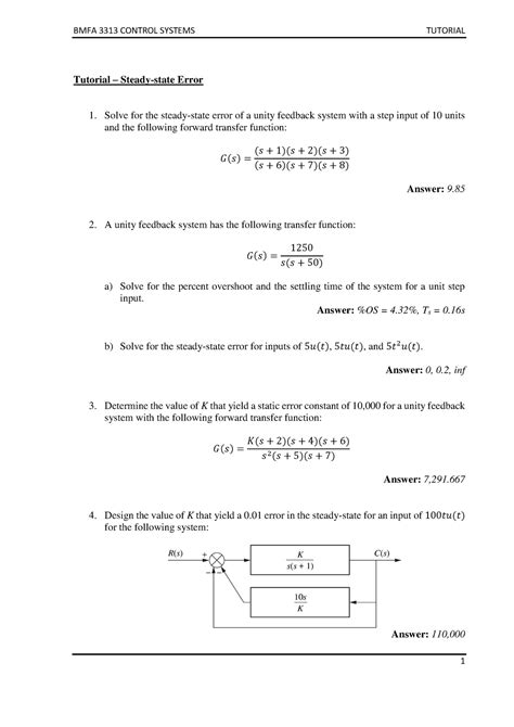 Tutorial 7 Steady State Error Tutorial Steady State Error Solve