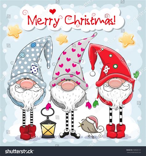 Greeting Christmas Card Three Cute Gnomes Stock Vector Royalty Free