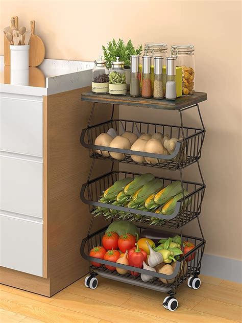 Buy Metal Baskets With Wood Top Tier Stackable Storage Baskets With