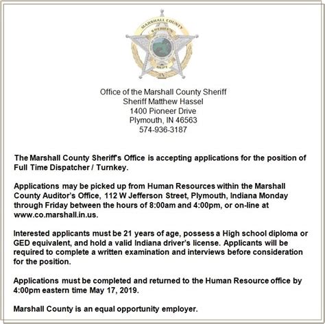 Full Time Position Availability Sheriff Of Marshall County Indiana