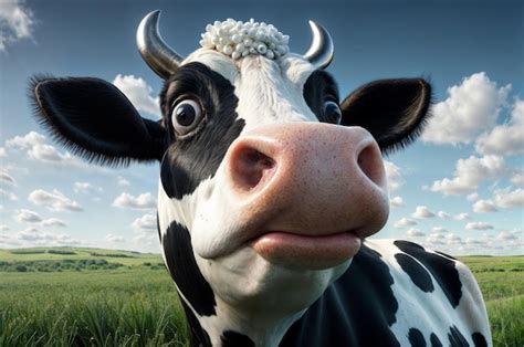 Premium Photo | Funny cow with horns on the background of green grass ...