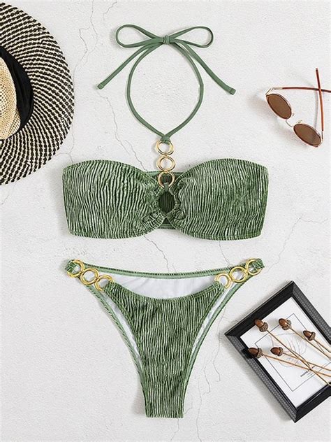 Emmiol Kostenloser Versand O Ring Gerafftes Bikini Set Aus Samt