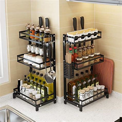 3 Tier Spice Rack Stainless Steel Standing Corner Shelf 3 Hooks