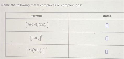 Solved Name The Following Metal Complexes Or Complex Ions Chegg