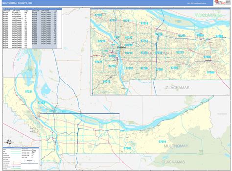 Multnomah County, OR Zip Code Wall Map Basic Style by MarketMAPS - MapSales