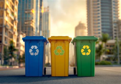 Green Blue And Yellow Recycling Bins In Modern City Highlighting The