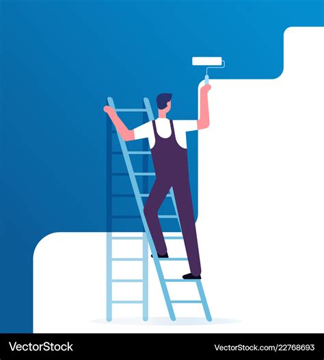 Painter Painting Wall Worker On Ladder Paints Vector Image