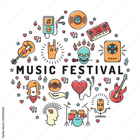 Music festival poster template, musical collage of isolated line art ...