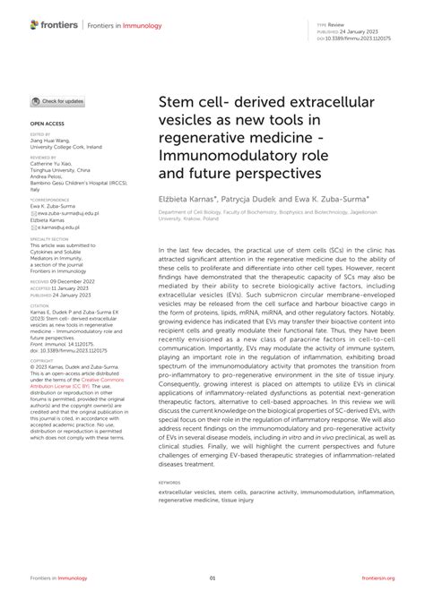 Pdf Stem Cell Derived Extracellular Vesicles As New Tools In Regenerative Medicine