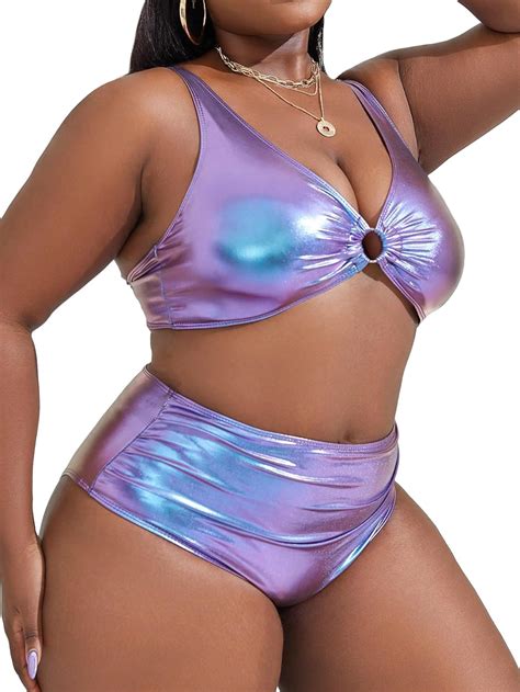 Amazon Makemechic Women S Plus Size Piece Metallic Bikini Set