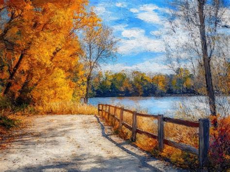 Stunning Oil Painting Capturing Vibrant Autumn Landscape Premium Ai