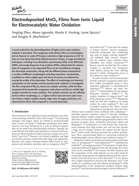 Pdf Electrodeposited Mnox Films From Ionic Liquid For