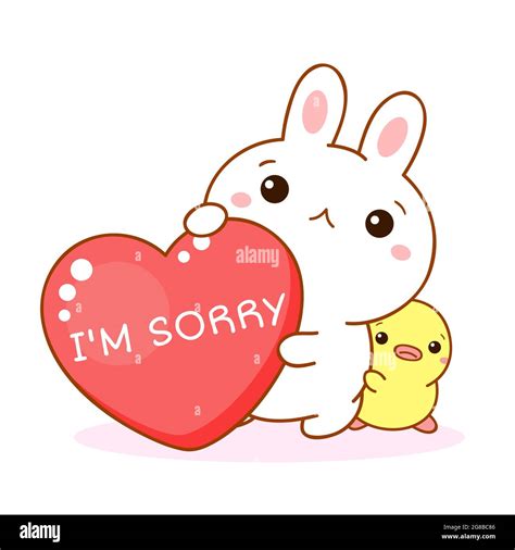 Unhappy kawaii bunny and duckling with red heart. Inscription I'm sorry ...