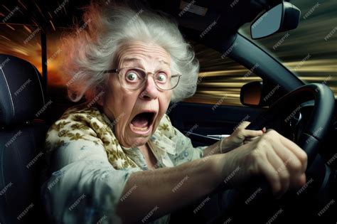 Premium Photo Surprised Old Woman Driving Car Generative Ai