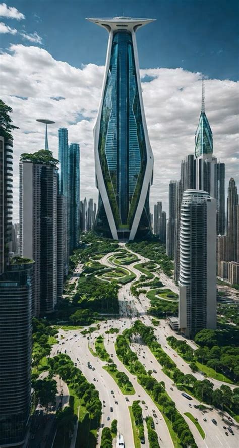 The Futuristic City Is Surrounded By Tall Buildings